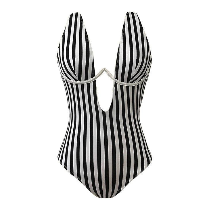 Monokini w paski z głębokim dekoltem