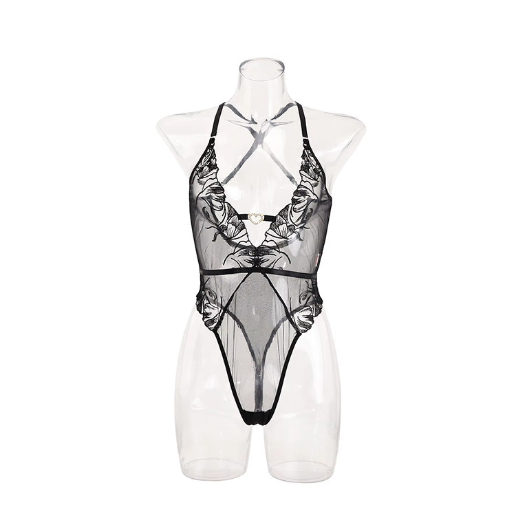 Transparentne body z kwiatowym haftem