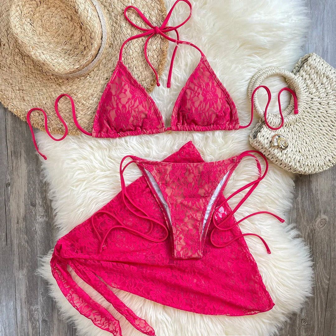 Koronkowe bikini damskie z wiązaniem i pareo